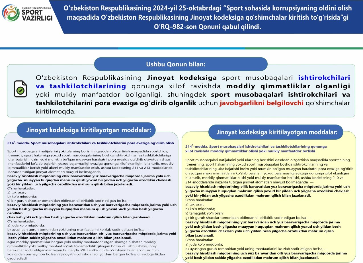 O‘zbekiston Respublikasining Qonunlari mohiyati va ahamiyatini keng targ‘ib qilish hamda tushuntirish maqsadida Sport vazirligi tomonidan tayyorlangan targ‘ibot materiallari